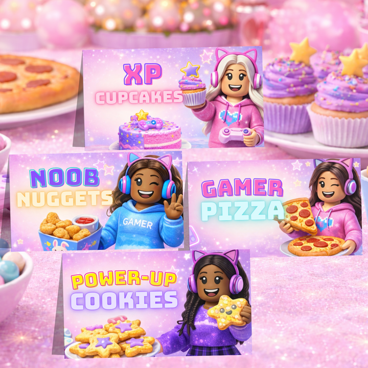Roblox girl gamer party food tent cards printable pink gamer girl buffet labels Canva editable template