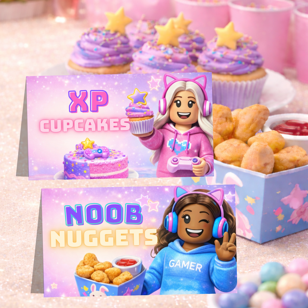 pink Roblox girl food labels printable gamer girl party table tent cards for snacks and buffet
