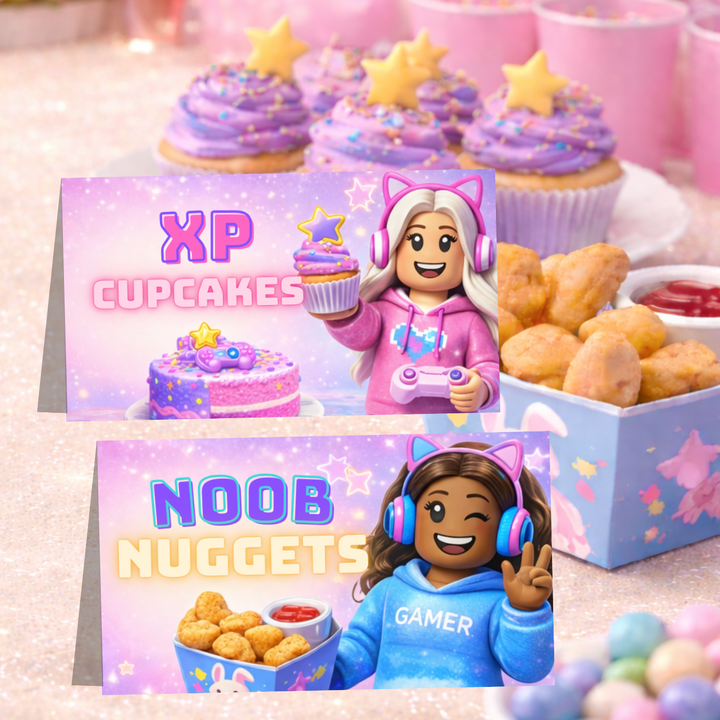 pink Roblox girl food labels printable gamer girl party table tent cards for snacks and buffet