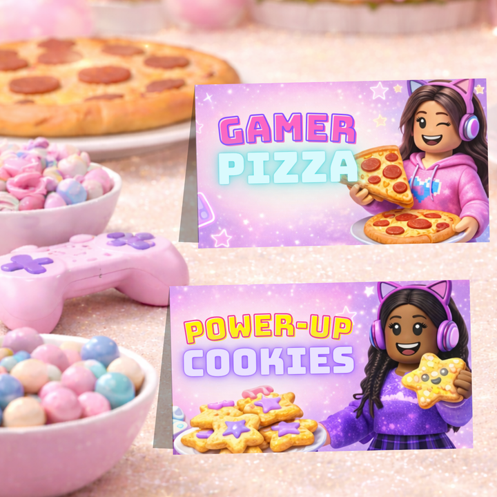 Roblox gamer girl party food tent cards printable pink birthday table labels for kids party