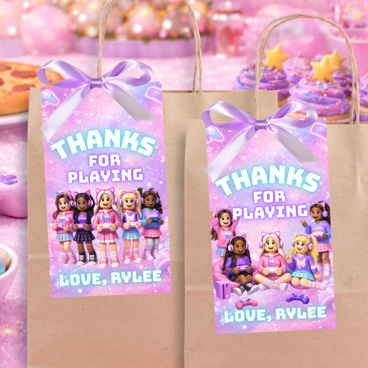 Roblox girl gamer party gift tags printable pink gamer girl birthday party favor tags Canva editable