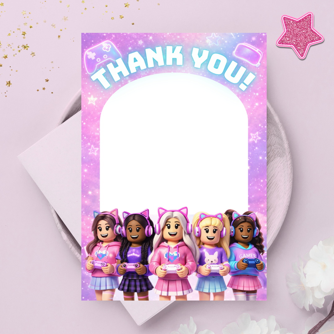 pink Roblox girl thank you card printable gamer girl party appreciation card for kids birthday