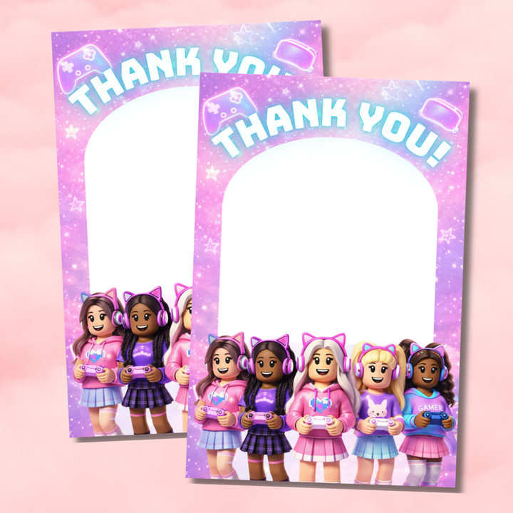 Roblox girl gamer party thank you card printable pink gamer girl birthday thank you notes Canva editable