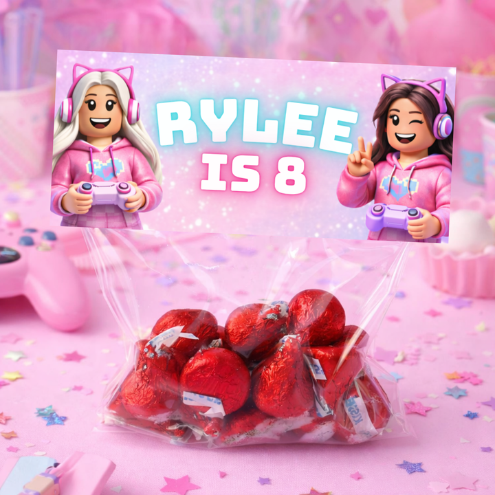 Roblox gamer girl party treat toppers printable pink birthday favor bag topper decoration