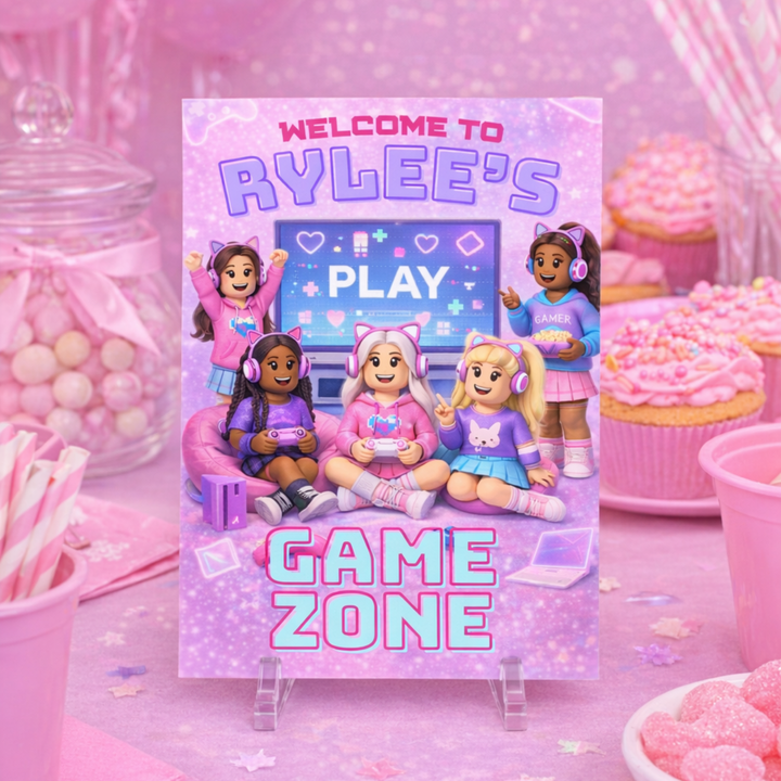pink Roblox girl welcome sign printable gamer girl party entrance decoration for kids birthday