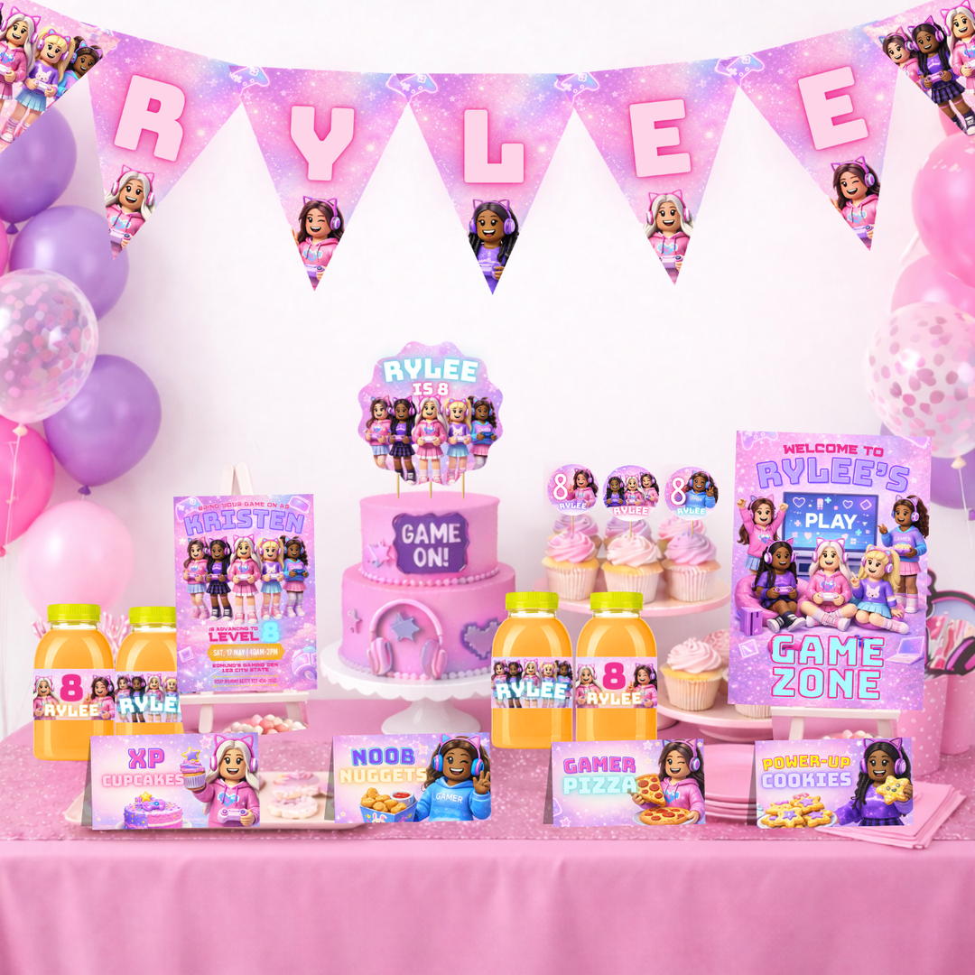 editable Roblox girl gamer party full bundle Canva templates pink gamer girl birthday full decoration set
