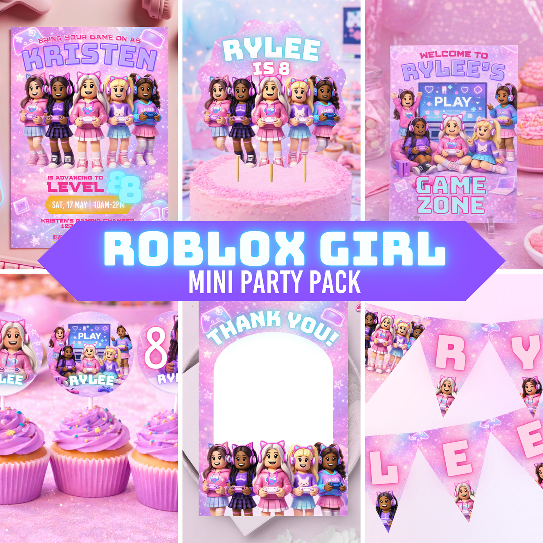 Roblox girl gamer party mini bundle printable pink gamer girl birthday decorations set Canva editable templates