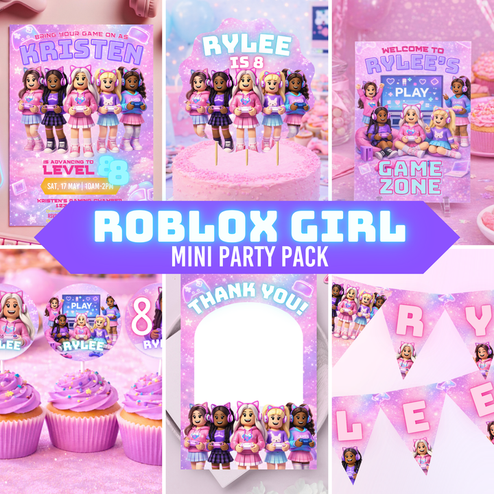Roblox girl gamer party mini bundle printable pink gamer girl birthday decorations set Canva editable templates