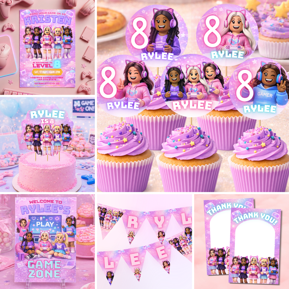 pink Roblox girl party mini bundle printable invitation banner cupcake toppers cake topper welcome sign set