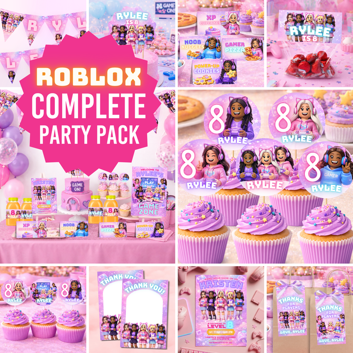 Roblox girl gamer party full bundle printable pink gamer girl birthday decorations complete set Canva templates