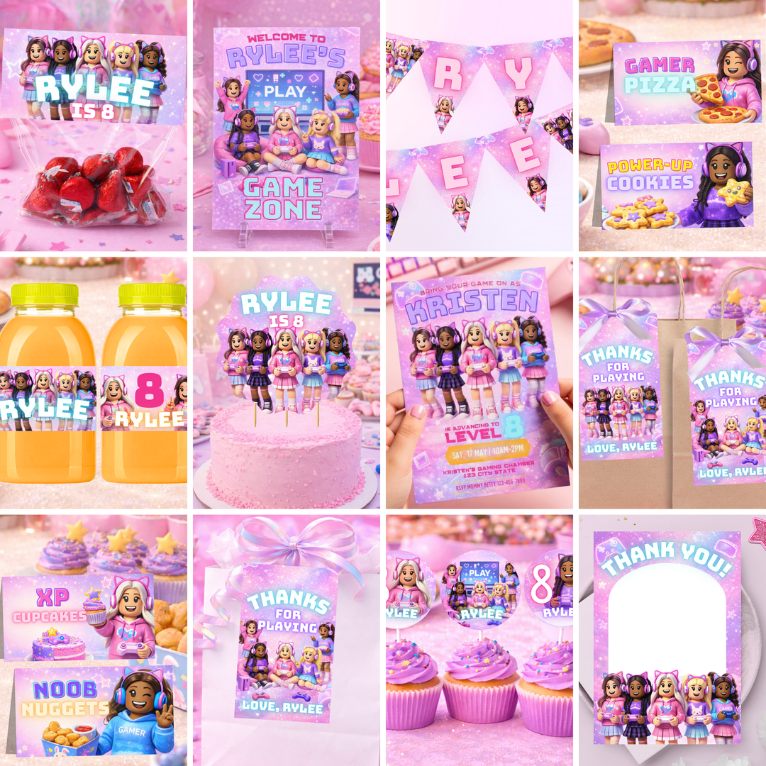 Roblox gamer girl party full bundle printable complete decoration kit pink birthday party setup for kids