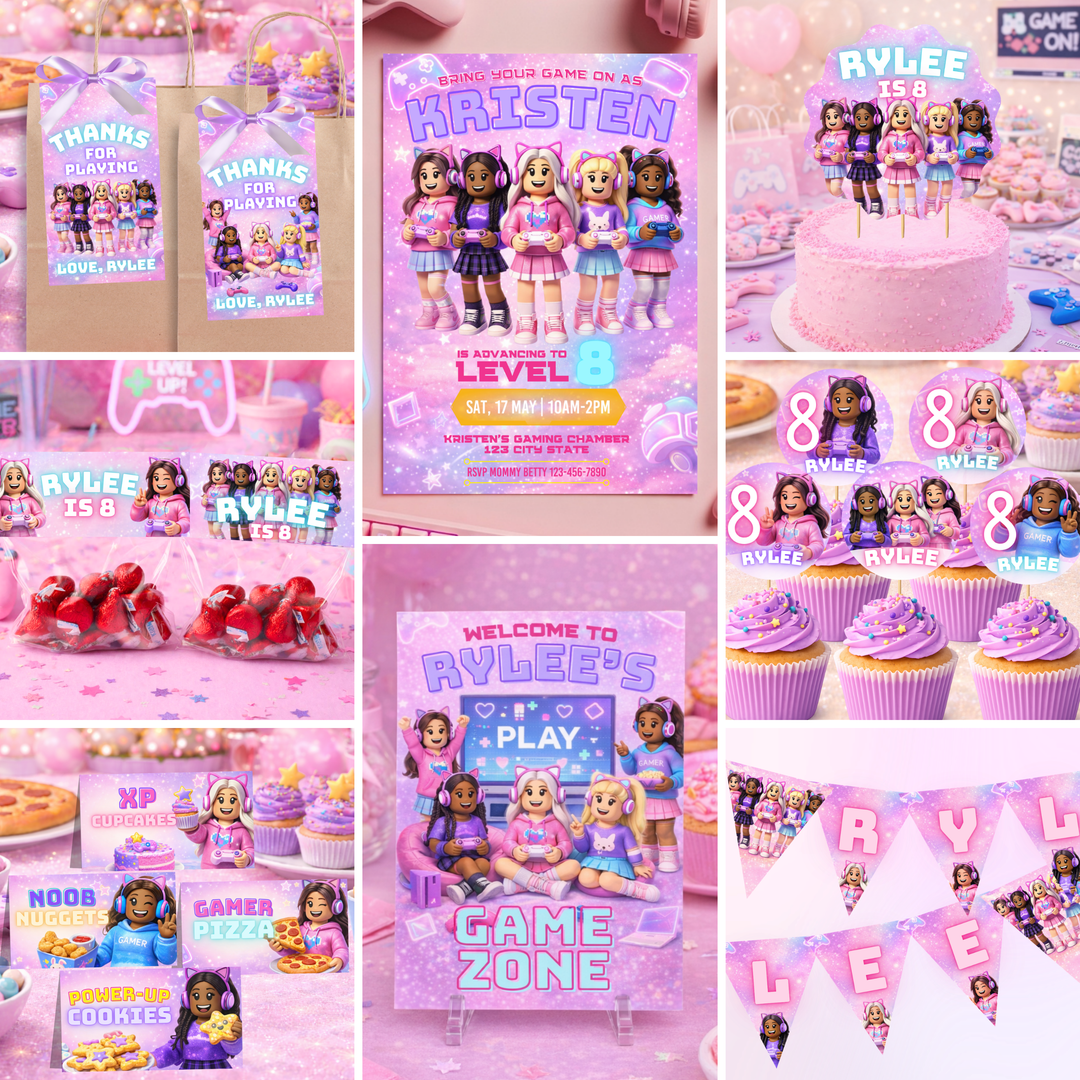 pink Roblox girl party full bundle printable invitation banner cupcake toppers treat toppers bottle wrappers set