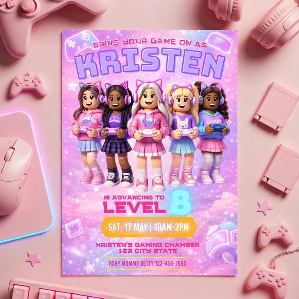 pink Roblox girl birthday invitation card digital download gamer girl party invite template for Canva editing