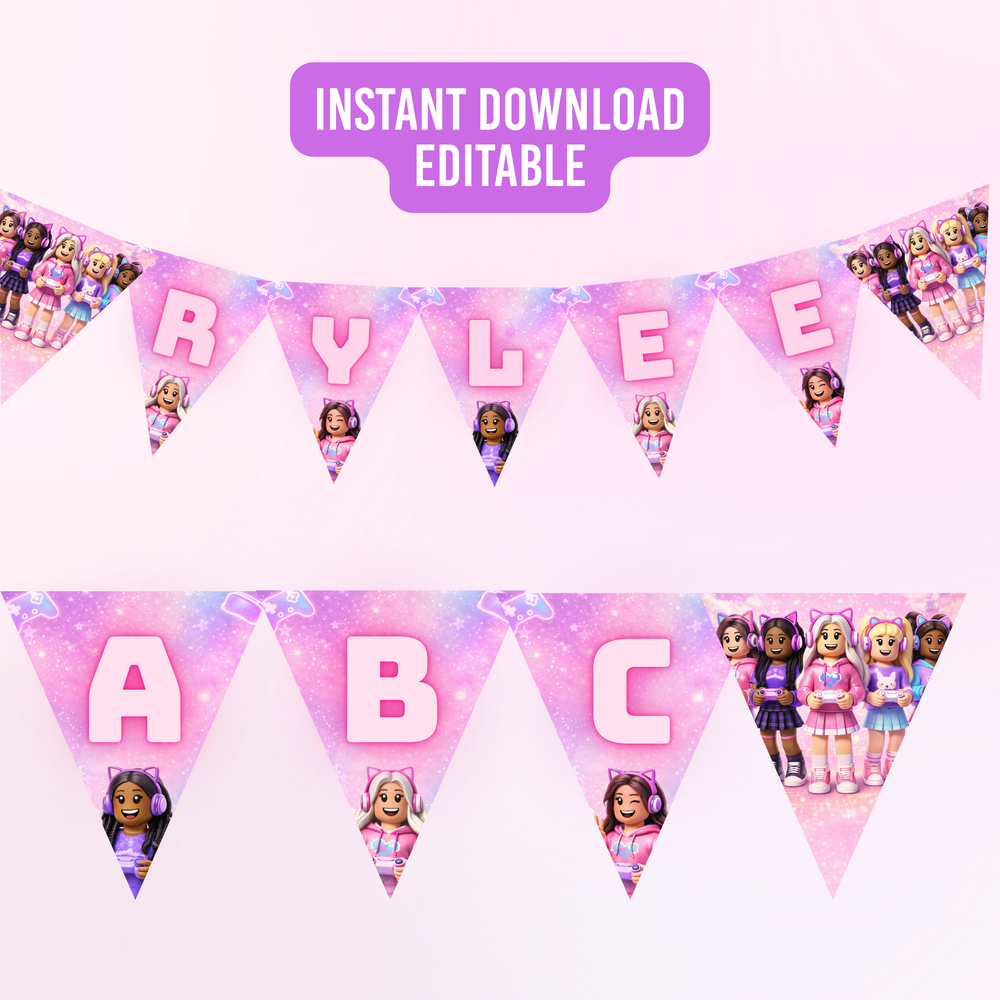 Roblox girl gamer party birthday banner printable pink gamer girl party decoration banner Canva editable
