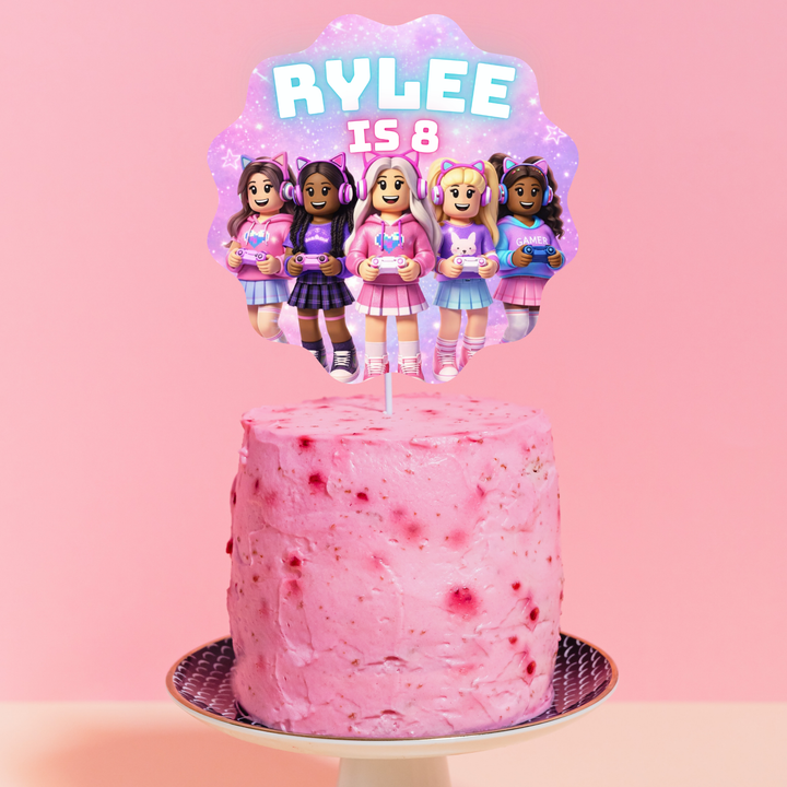 pink Roblox girl birthday cake topper printable gamer girl party decoration for kids gaming themed cake