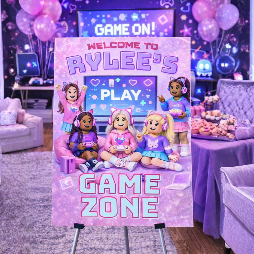 Roblox girl gamer party welcome sign printable pink gamer girl birthday entrance sign Canva editable
