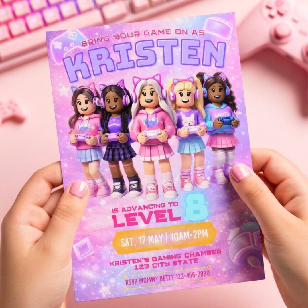 Roblox girl gamer party invitation printable editable Canva template pink gamer girl birthday invite for kids party