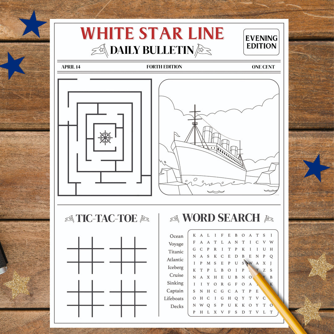 White Star Line daily bulletin with puzzles and a ship illustration on a wooden background