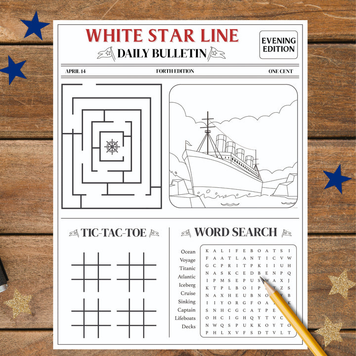 White Star Line daily bulletin with puzzles and a ship illustration on a wooden background