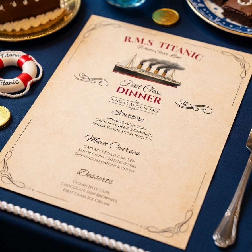 Vintage Titanic birthday party menu printable design