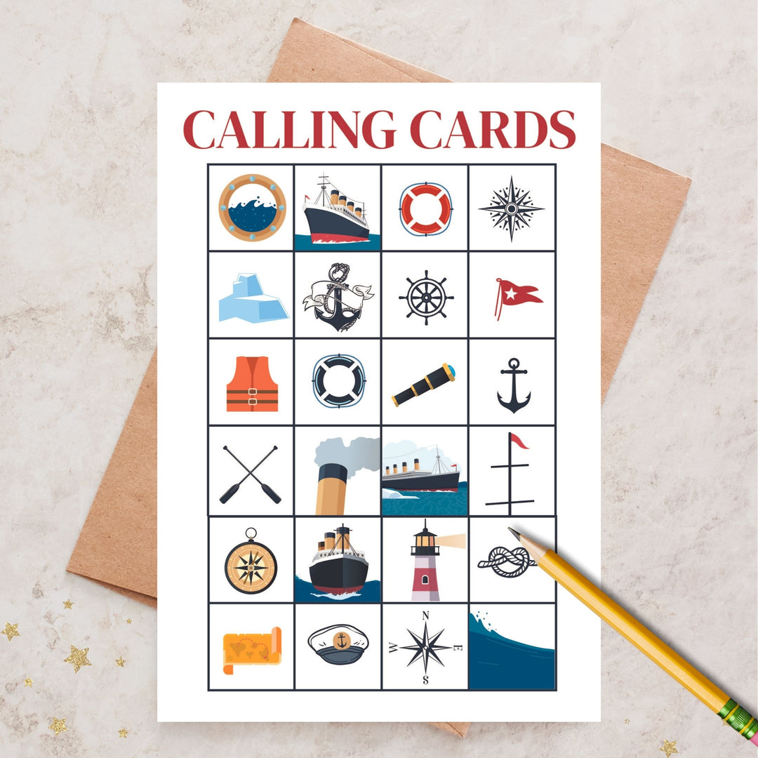 Nautical cruise ship birthday bingo activity
Titanic themed party bingo cards printable