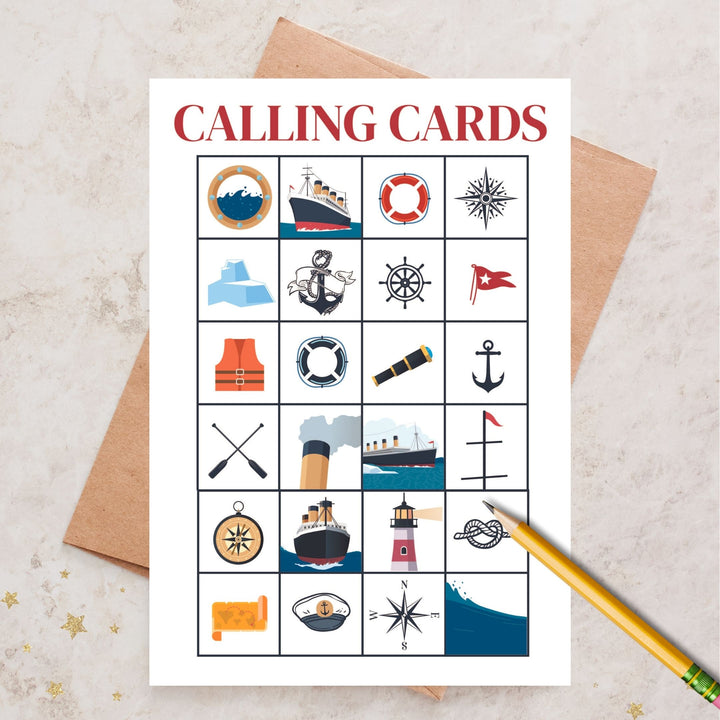 Nautical cruise ship birthday bingo activity
Titanic themed party bingo cards printable