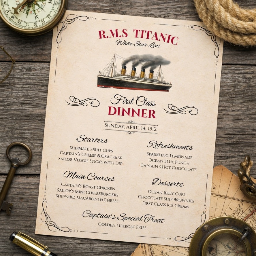 Editable Titanic menu nautical cruise ship theme