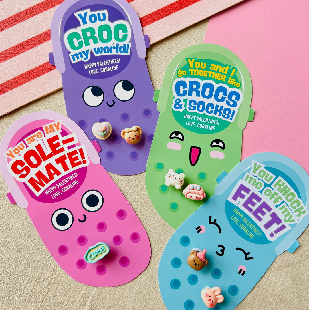 Assorted printable Crocs Jibbitz holders in 4 designs on pink background for instant download classroom Valentines