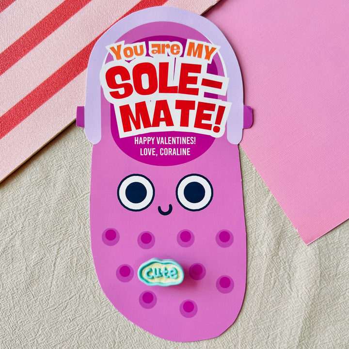 Pink DIY Crocs Jibbitz holder printable PDF featuring "You're My Sole-Mate!" message and donut charm for easy gender-neutral gifting