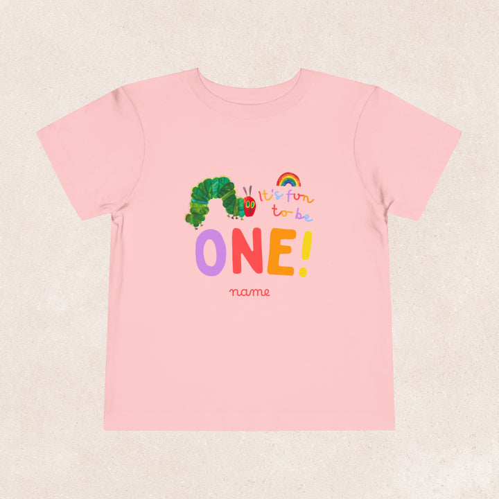 A personalised Very Hungry Caterpillar birthday shirt in pink featuring texts &