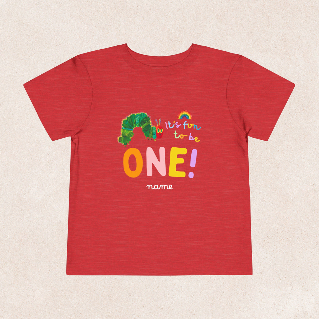 A personalised Very Hungry Caterpillar birthday shirt in red featuring texts &