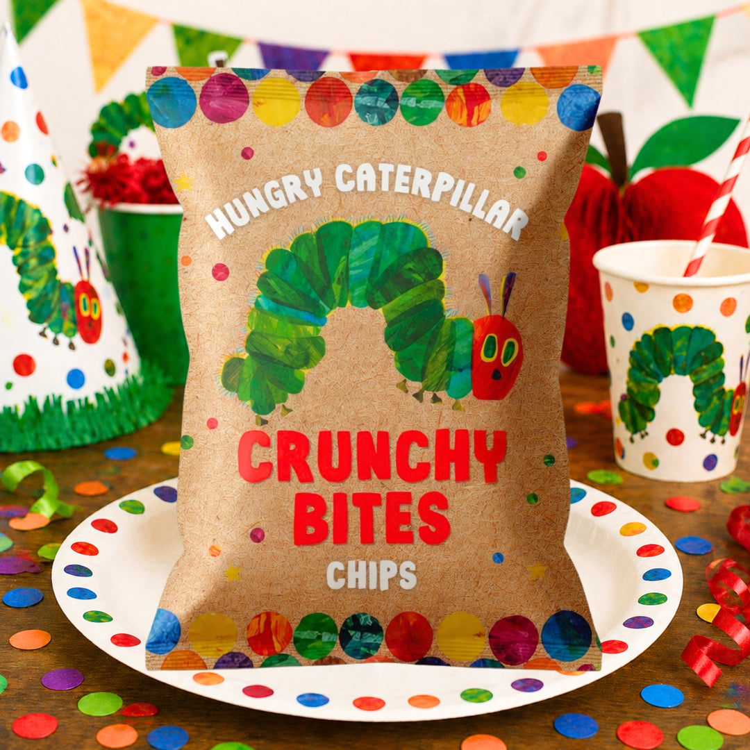 Bag of 'Hungry Caterpillar Crunchy Bites Chips' with colorful confetti and party hats in the background.