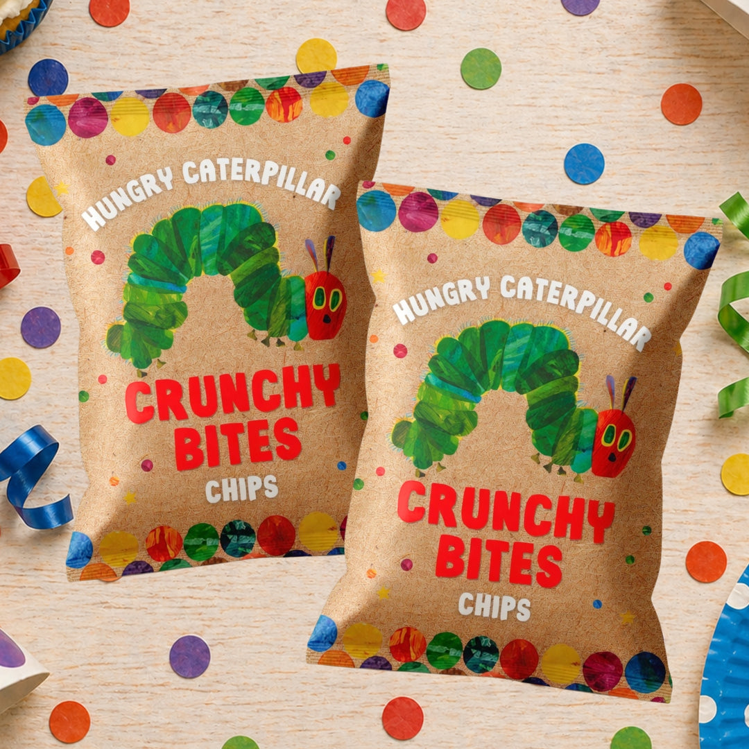 Very Hungry Caterpillar Crunchy Bites Chips on a wooden surface with colorful confetti.