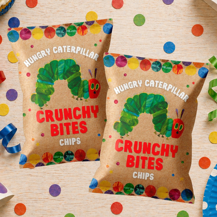 Very Hungry Caterpillar Crunchy Bites Chips on a wooden surface with colorful confetti.