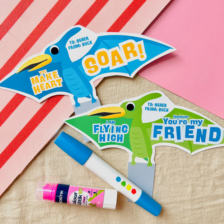 Instant download flying dino gift sleeve with colorful dinosaur designs for markers, bubble and paint tubes for parents' easy valentines classroom exchanges