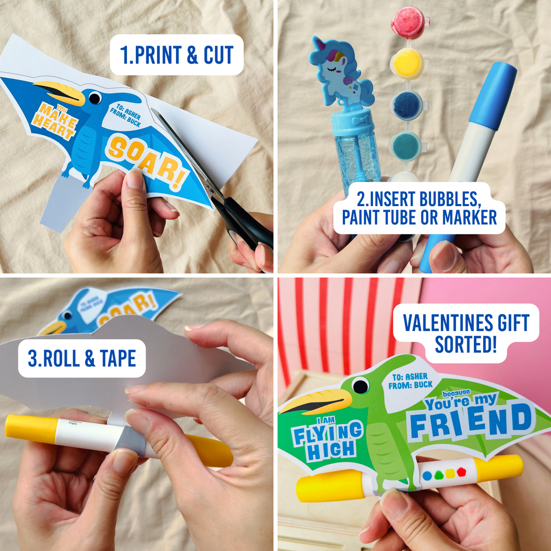 Step-by-step process of creating the Pterodactyl Valentine's Day gift holder