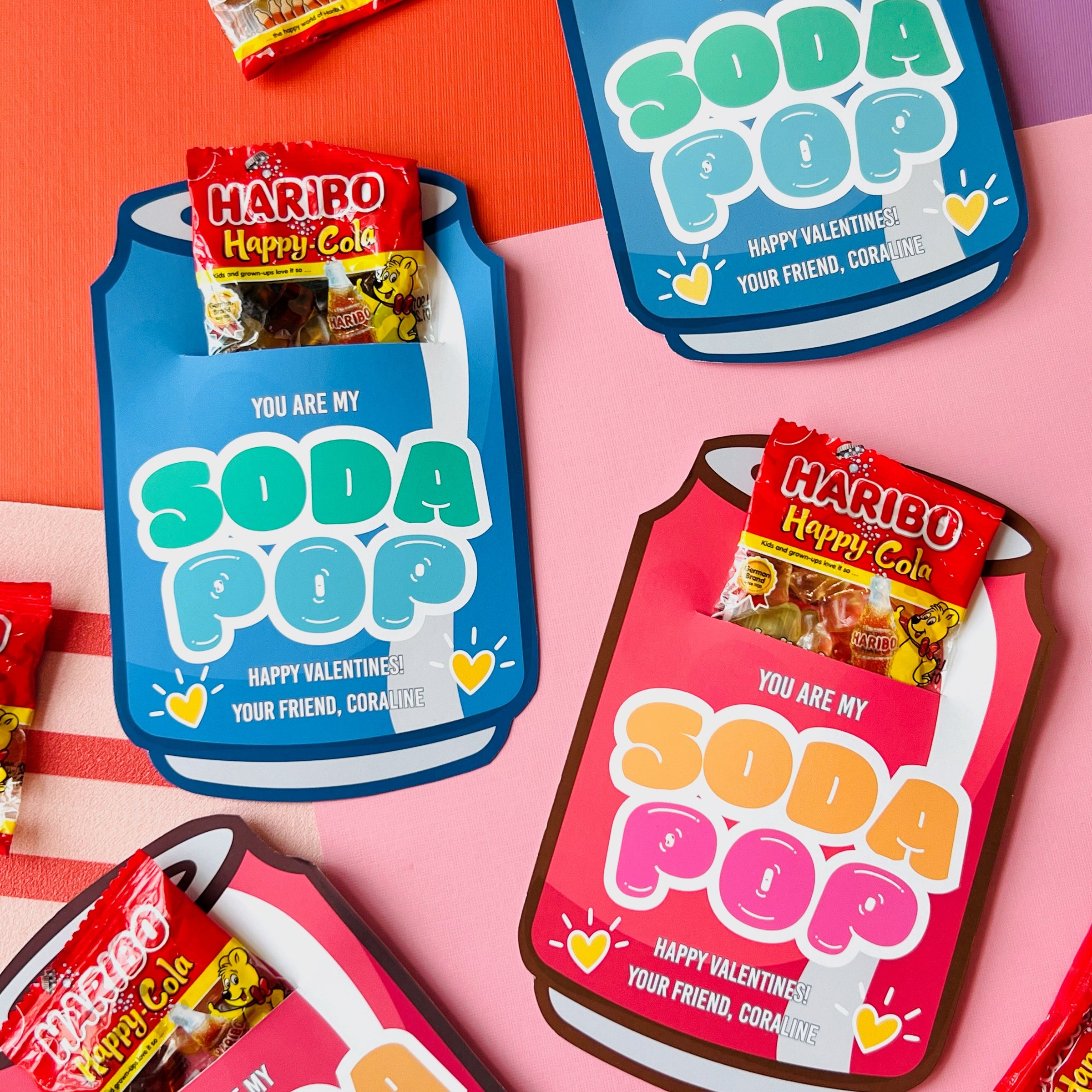 Soda pop-themed candy packages with Haribo Happy Cola on a colorful background