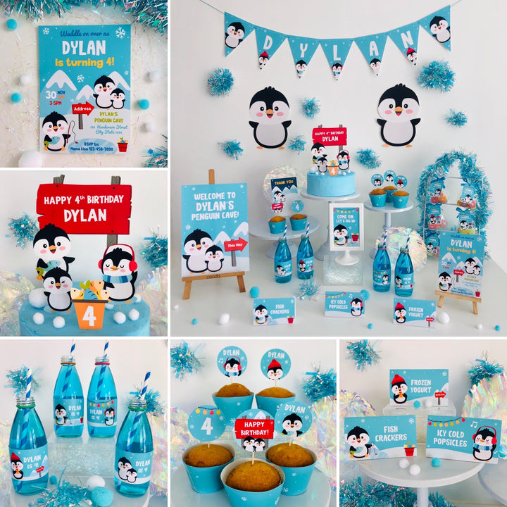 Penguin party decorations kit with banners and labels