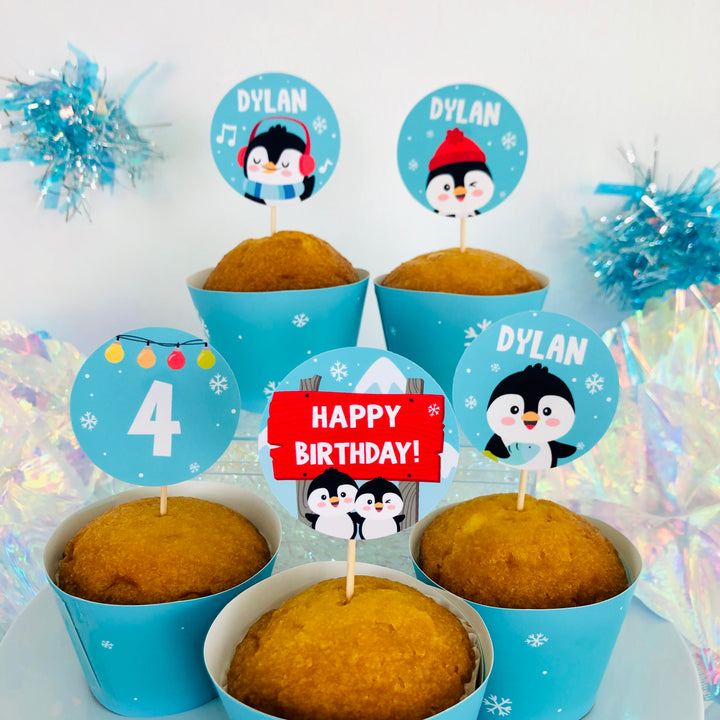 Penguin cupcake toppers with birthday theme