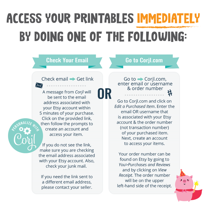 Instructions for accessing printables via email or Corjl