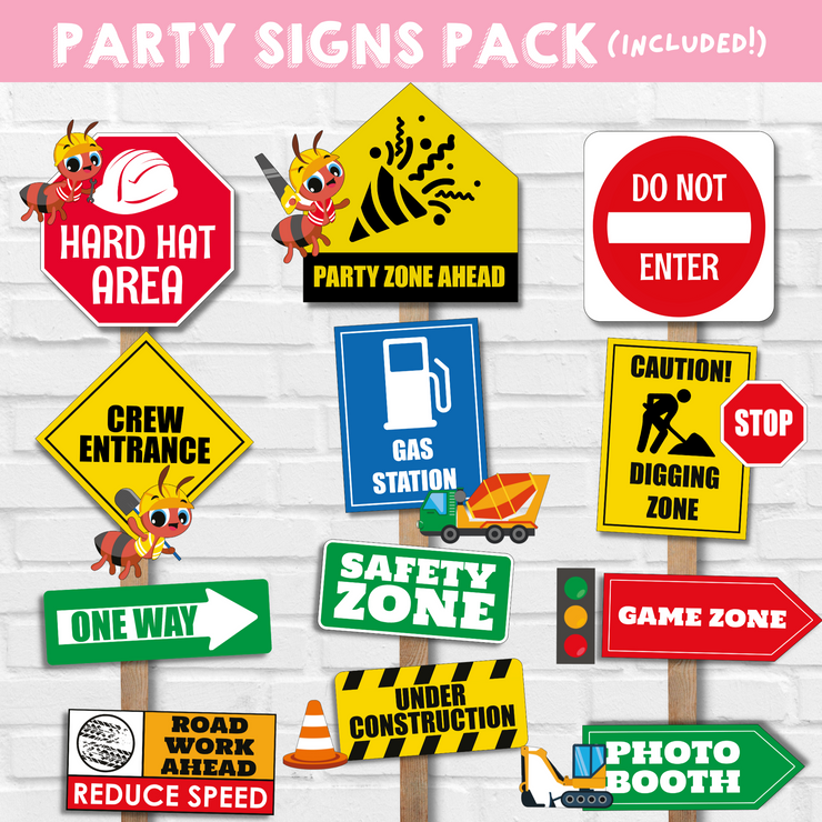 Ants Construction Trucks Party Signs Pack
