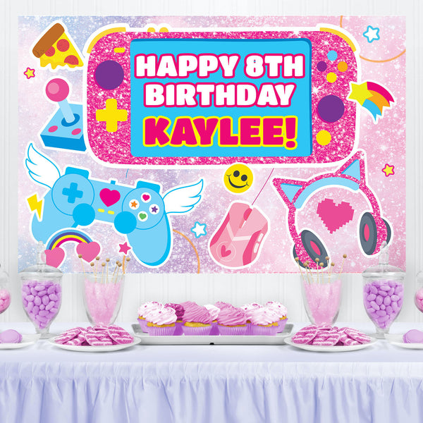 Instant download editable pink gamer girl backdrop as photo booth wall decoration