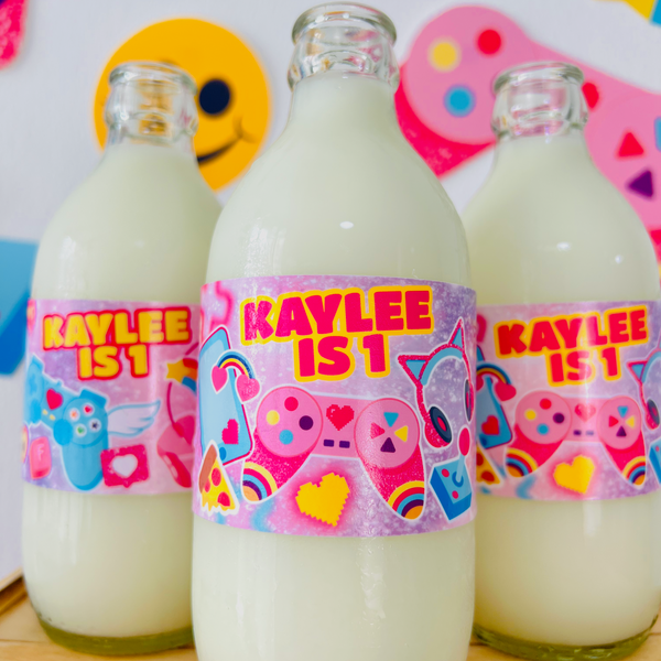 Pink gamer girl bottle wrappers template editable with power up text and gaming headsets