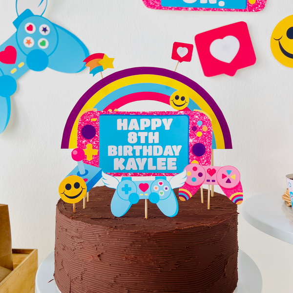 Pink gamer girl birthday cake topper template with editable happy birthday text and controller
