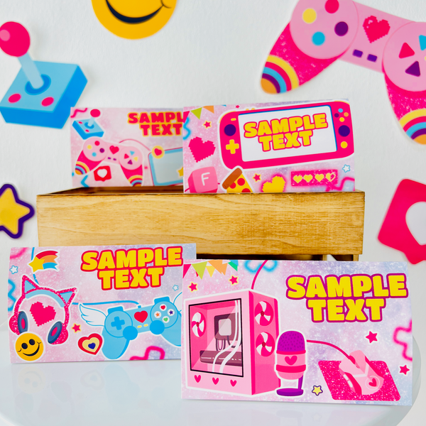 Pink gamer girl food tents template editable with snack labels and controller graphics