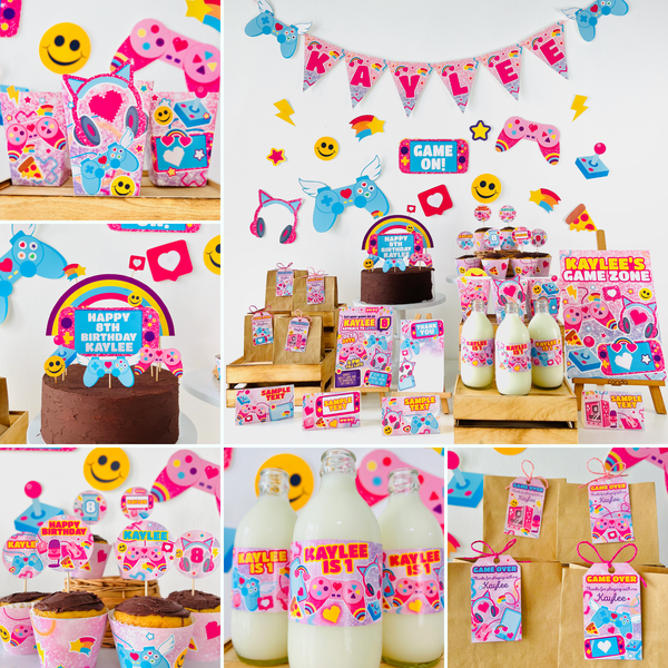 Pink gamer girl full party kit bundle mockup showing invitation, banner, toppers, favor boxes and all printables in coordinated pink gaming theme
