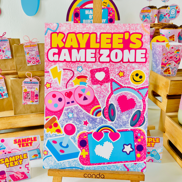 Pink gamer girl welcome sign printable displayed at party entrance