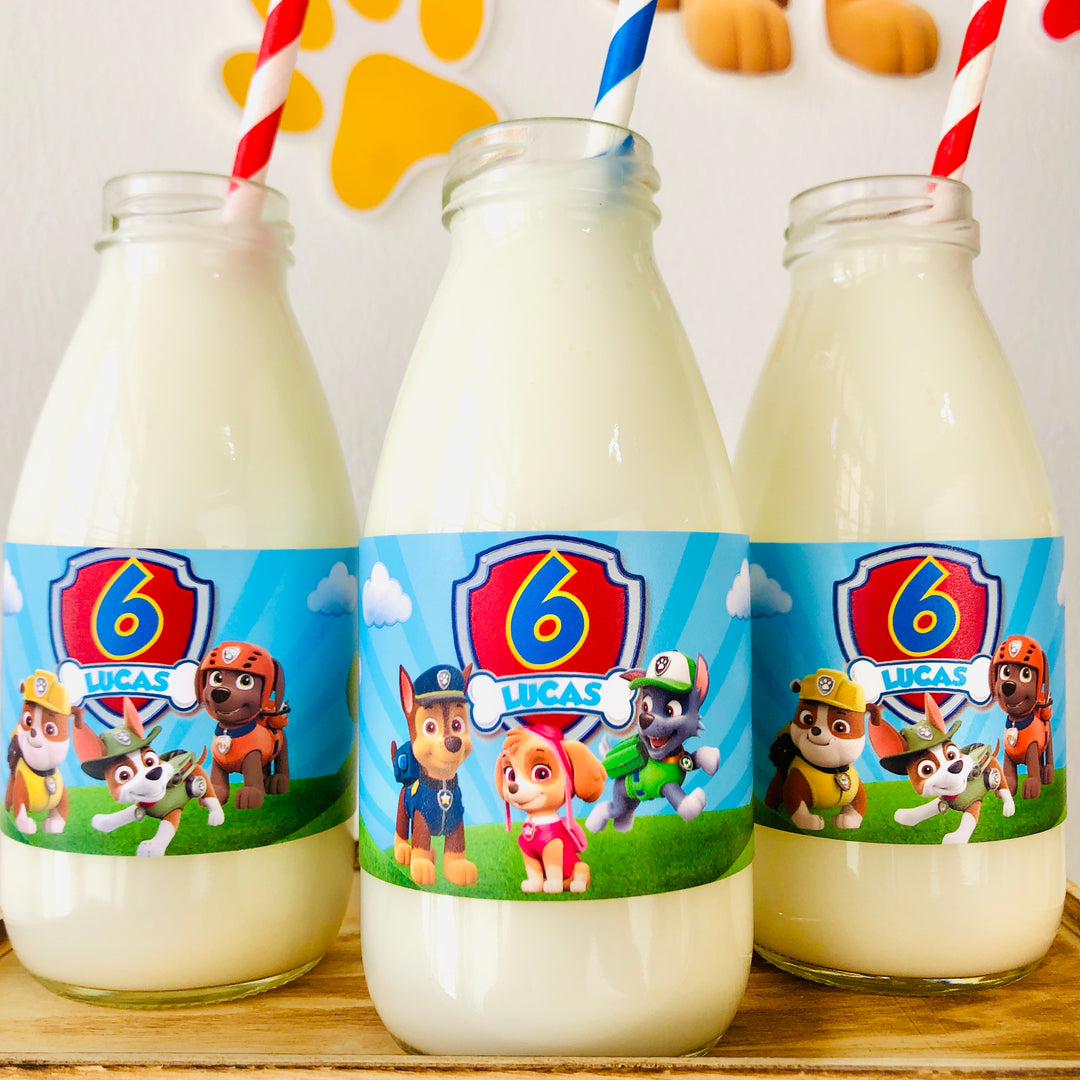 Paw Patrol themed milk bottles with character labels