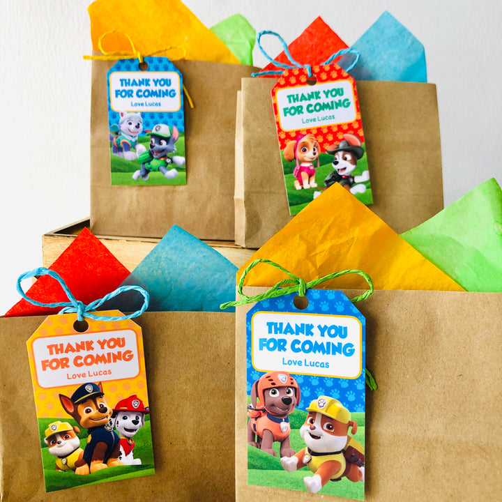 Paw Patrol thank you gift bags with colorful tags