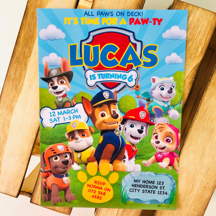 Paw Patrol birthday invitation with character images